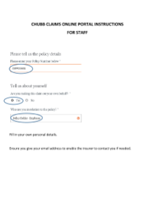 Chubbs claims online portal instructions for staff